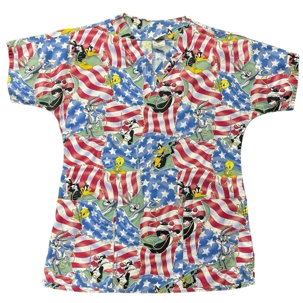 Looney Tunes Patriotic American Flag Scrub Top Size XS